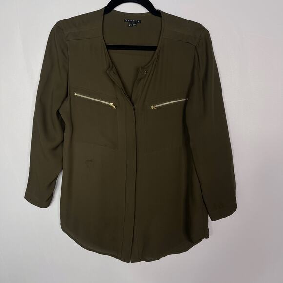 Theory Womens Small S Olive Green Brundia Silk Button Front Blouse Zip Chest Top - Picture 1 of 9